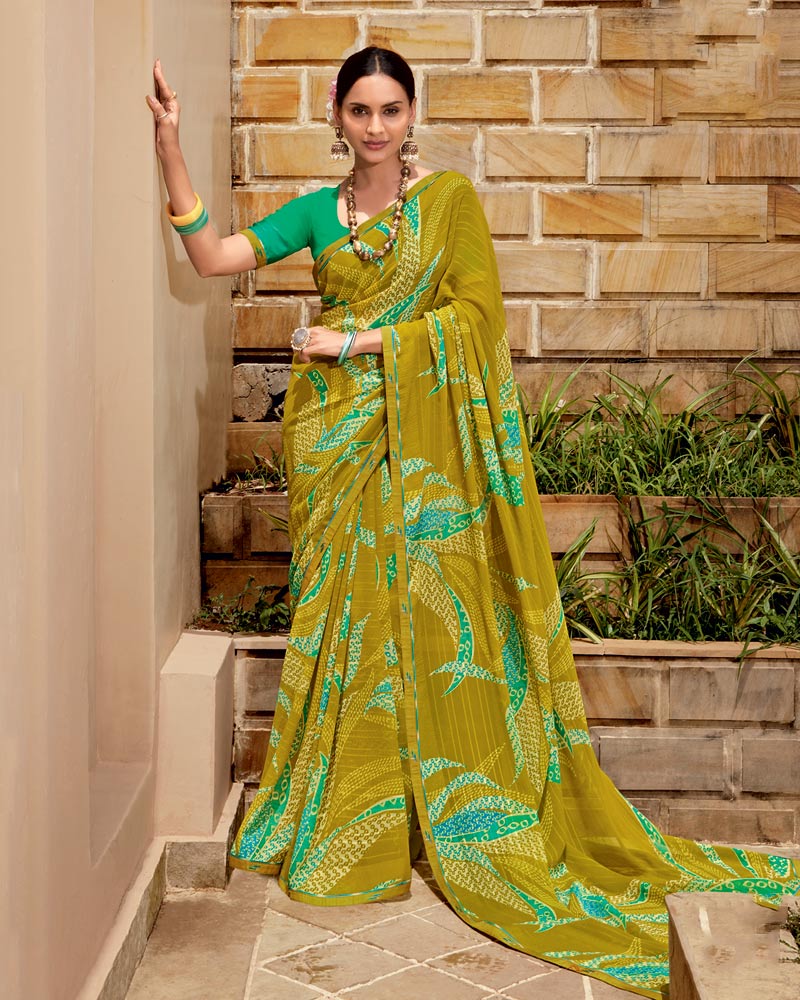 Vishal Prints Mustard Printed Georgette Saree With Fancy Border
