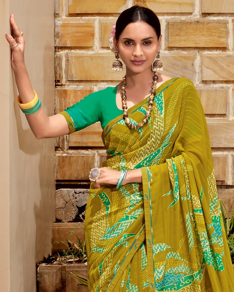 Vishal Prints Mustard Printed Georgette Saree With Fancy Border