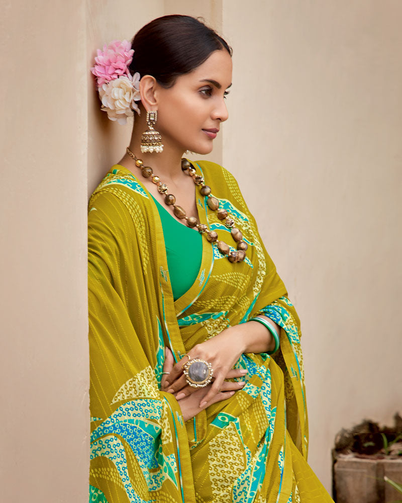 Vishal Prints Mustard Printed Georgette Saree With Fancy Border