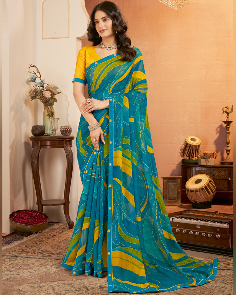 Vishal Prints Ocean Blue Printed Georgette Saree With Fancy Border
