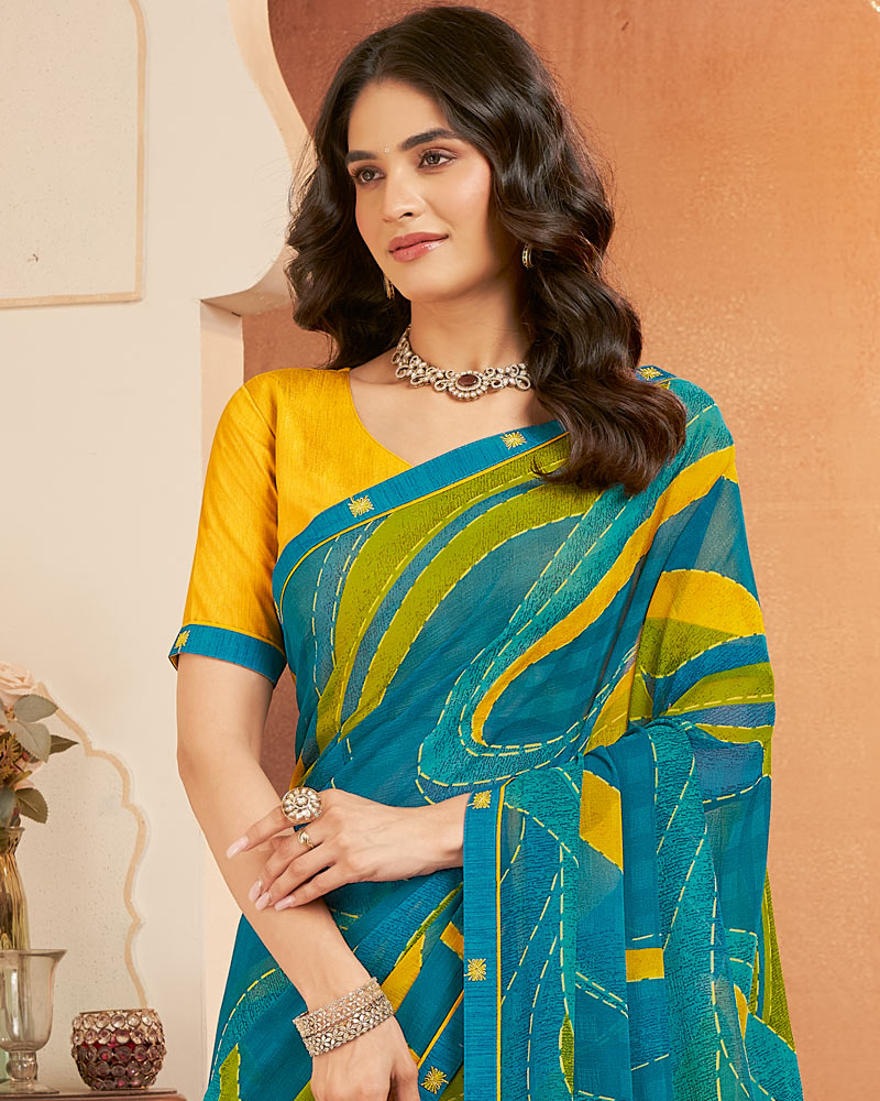 Vishal Prints Ocean Blue Printed Georgette Saree With Fancy Border