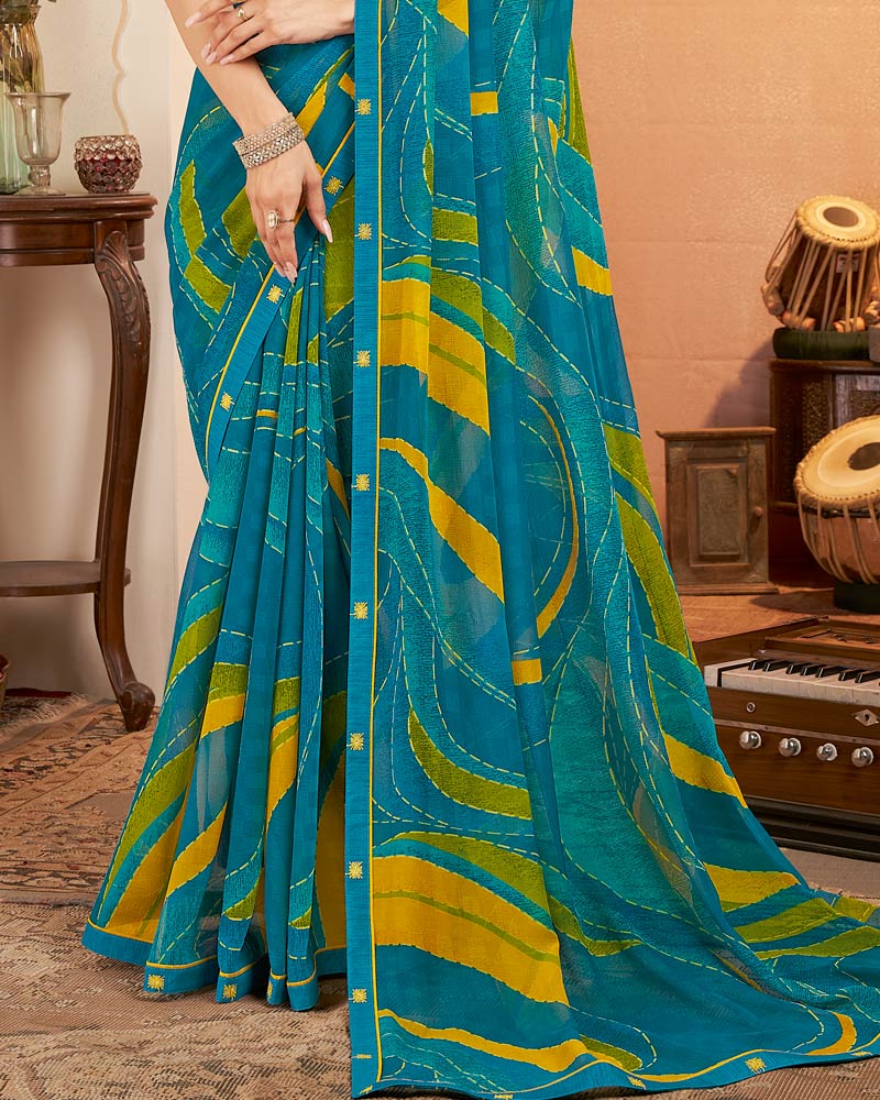 Vishal Prints Ocean Blue Printed Georgette Saree With Fancy Border