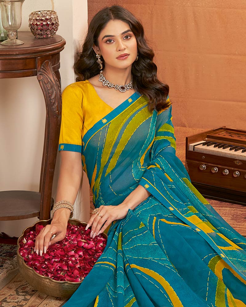 Vishal Prints Ocean Blue Printed Georgette Saree With Fancy Border