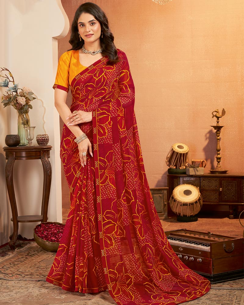 Vishal Prints Dark Chili Red Printed Georgette Saree With Fancy Border