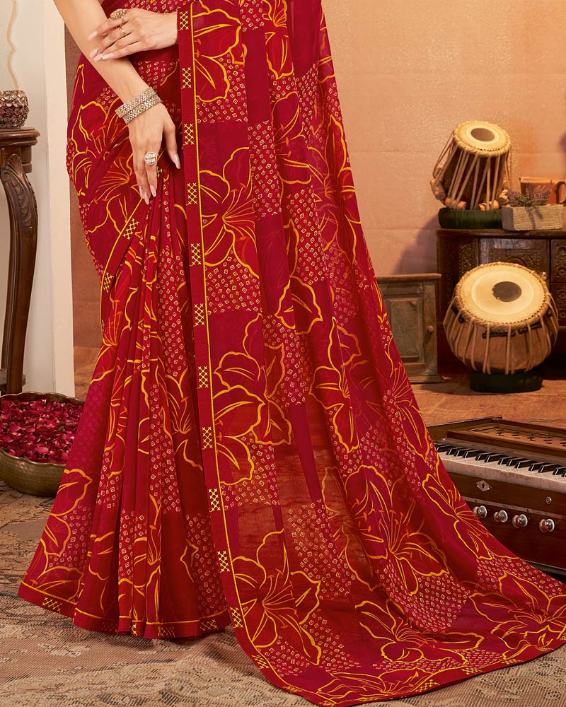 Vishal Prints Dark Chili Red Printed Georgette Saree With Fancy Border