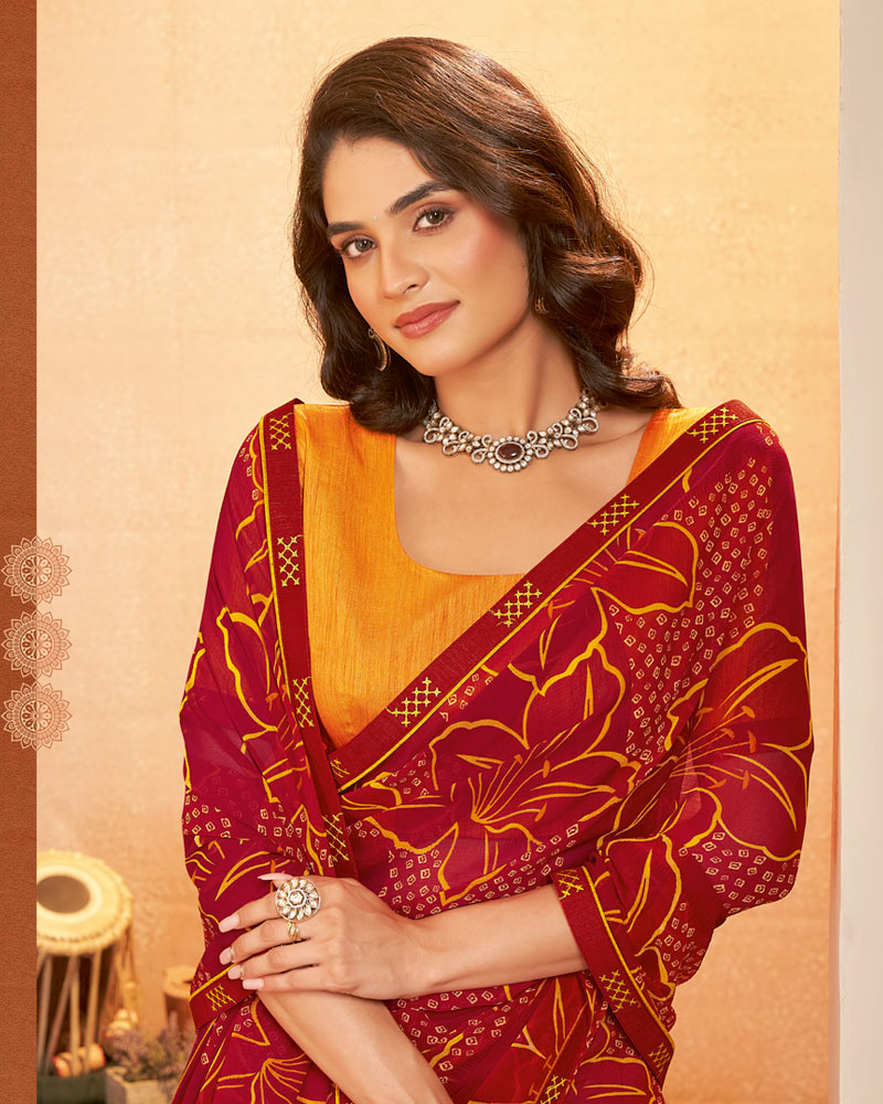 Vishal Prints Dark Chili Red Printed Georgette Saree With Fancy Border