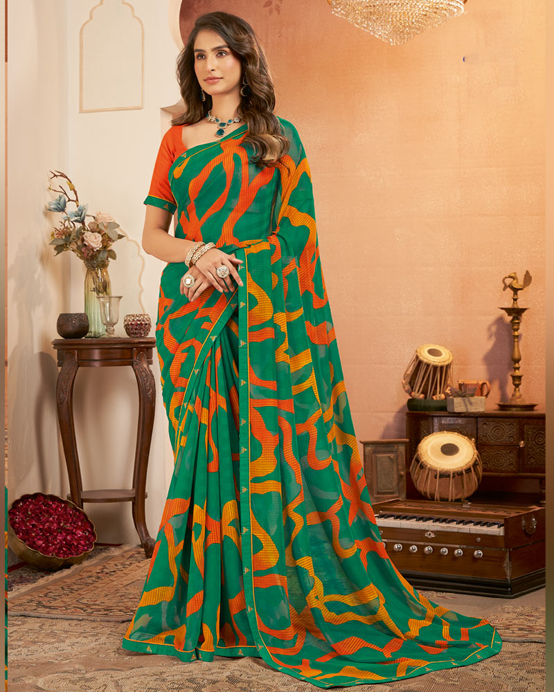 Vishal Prints Forest Green Printed Georgette Saree With Fancy Border