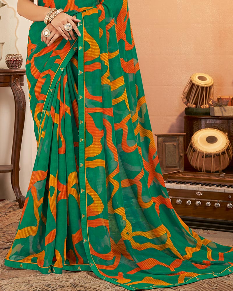 Vishal Prints Forest Green Printed Georgette Saree With Fancy Border