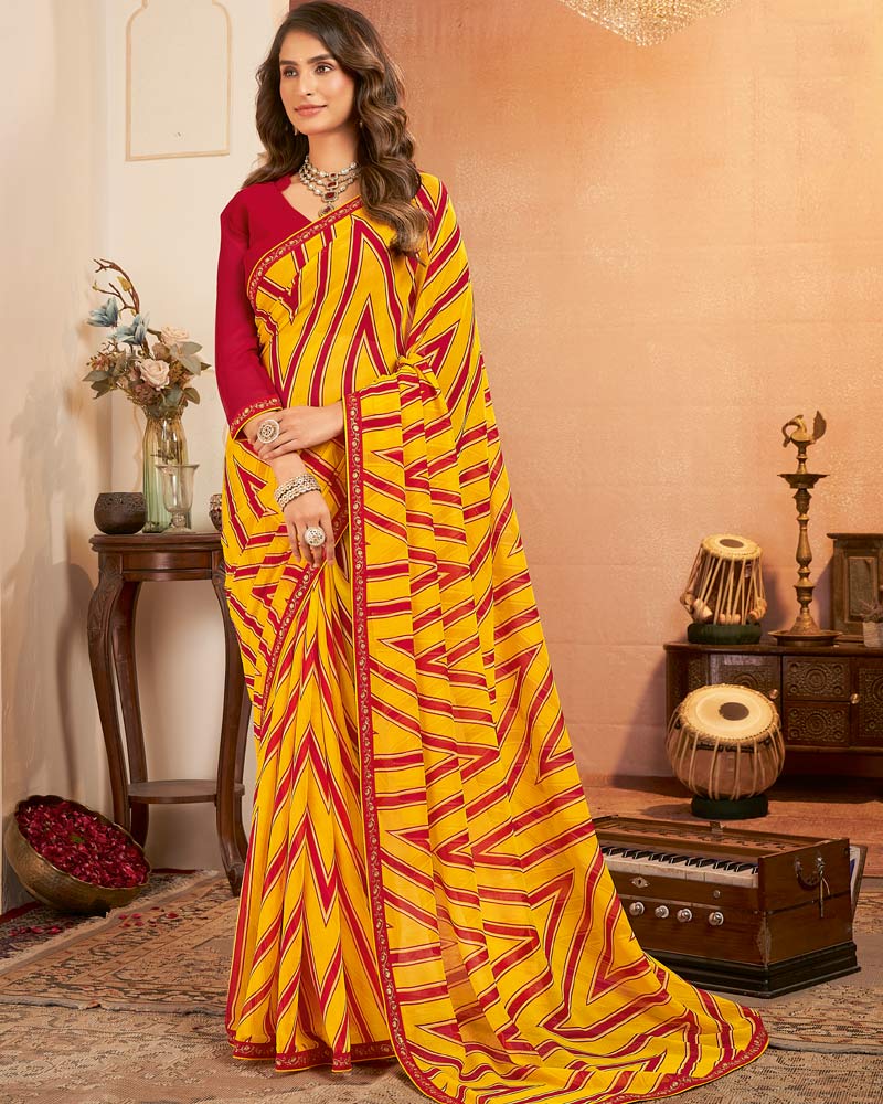 Vishal Prints Burnt Dark Yellow Printed Georgette Saree With Fancy Border