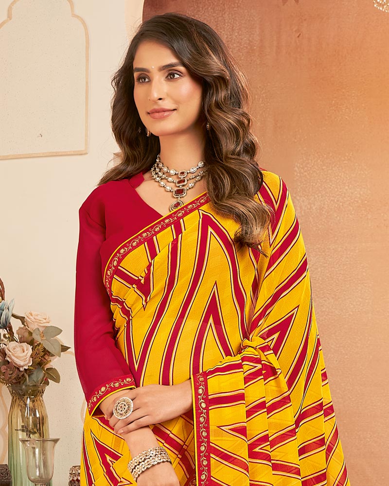 Vishal Prints Burnt Dark Yellow Printed Georgette Saree With Fancy Border