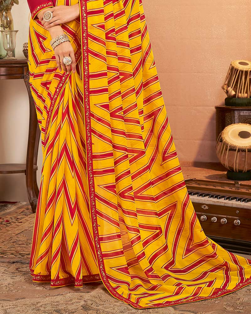 Vishal Prints Burnt Dark Yellow Printed Georgette Saree With Fancy Border