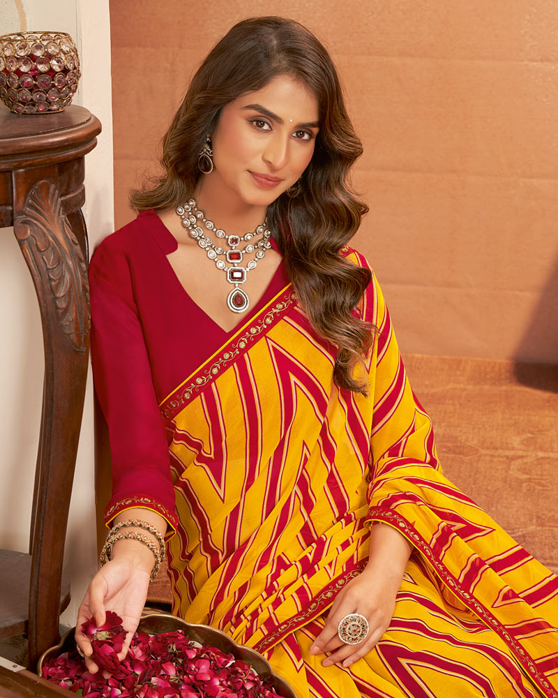 Vishal Prints Burnt Dark Yellow Printed Georgette Saree With Fancy Border
