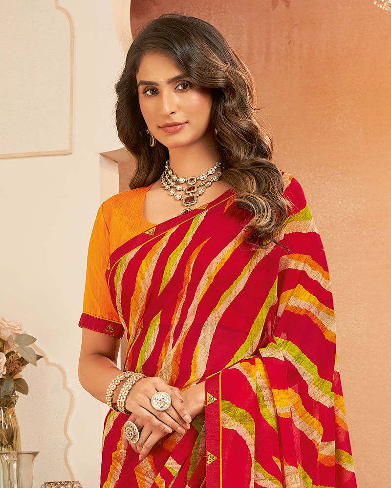 Vishal Prints Lava Red Printed Georgette Saree With Fancy Border