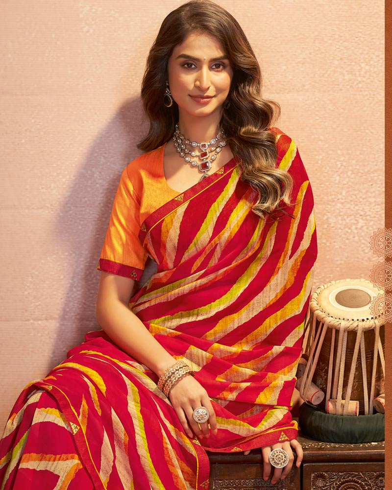 Vishal Prints Lava Red Printed Georgette Saree With Fancy Border