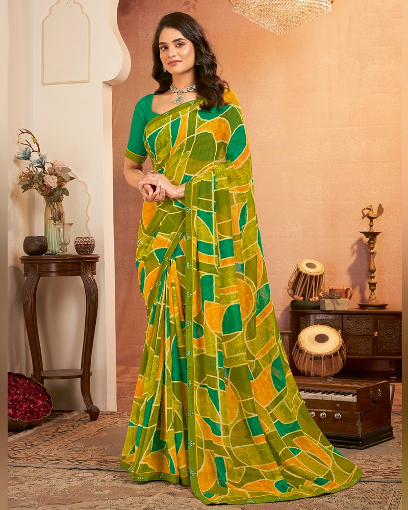 Vishal Prints Olive Green Printed Georgette Saree With Fancy Border