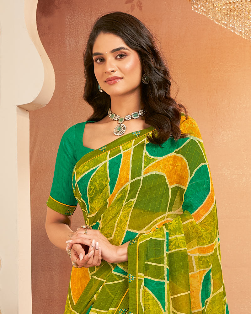 Vishal Prints Olive Green Printed Georgette Saree With Fancy Border