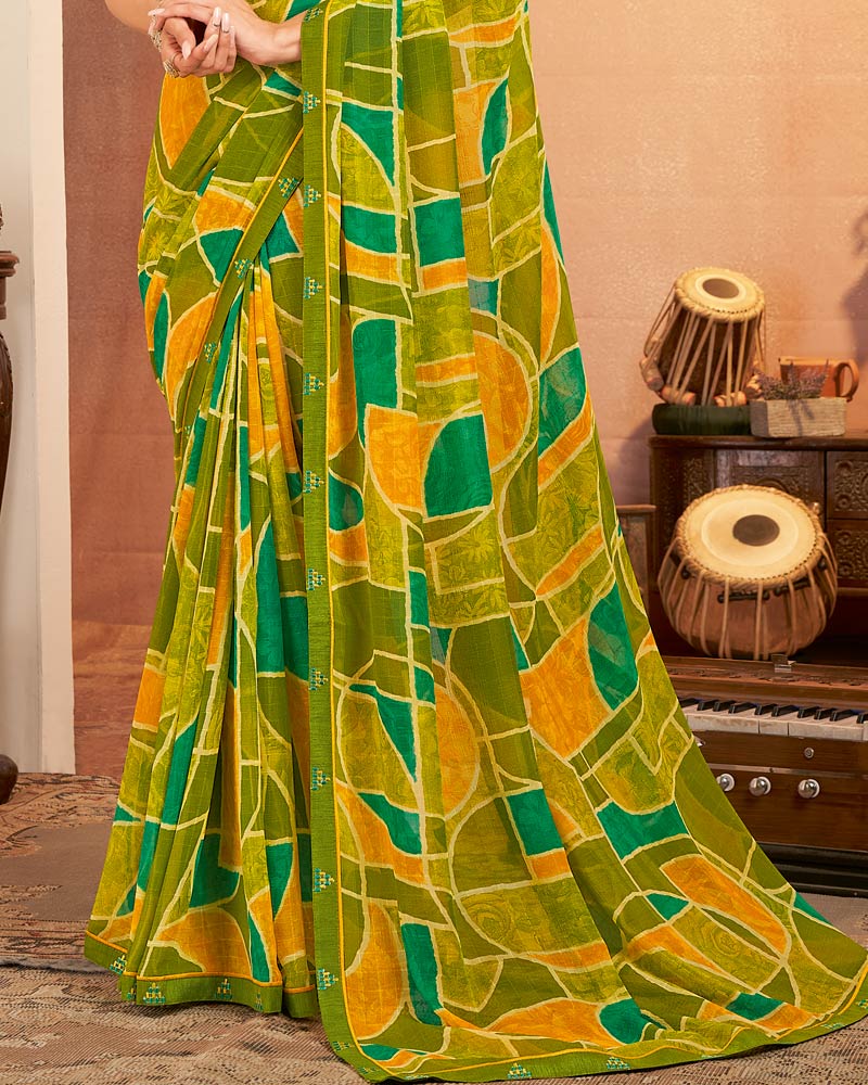Vishal Prints Olive Green Printed Georgette Saree With Fancy Border