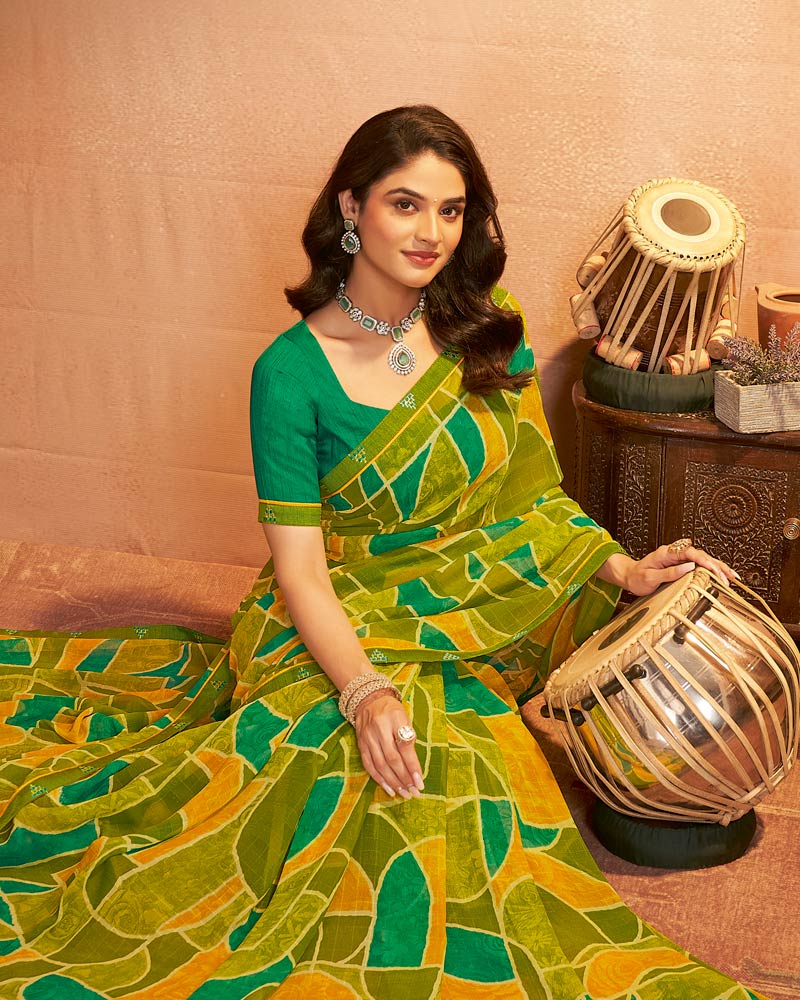 Vishal Prints Olive Green Printed Georgette Saree With Fancy Border