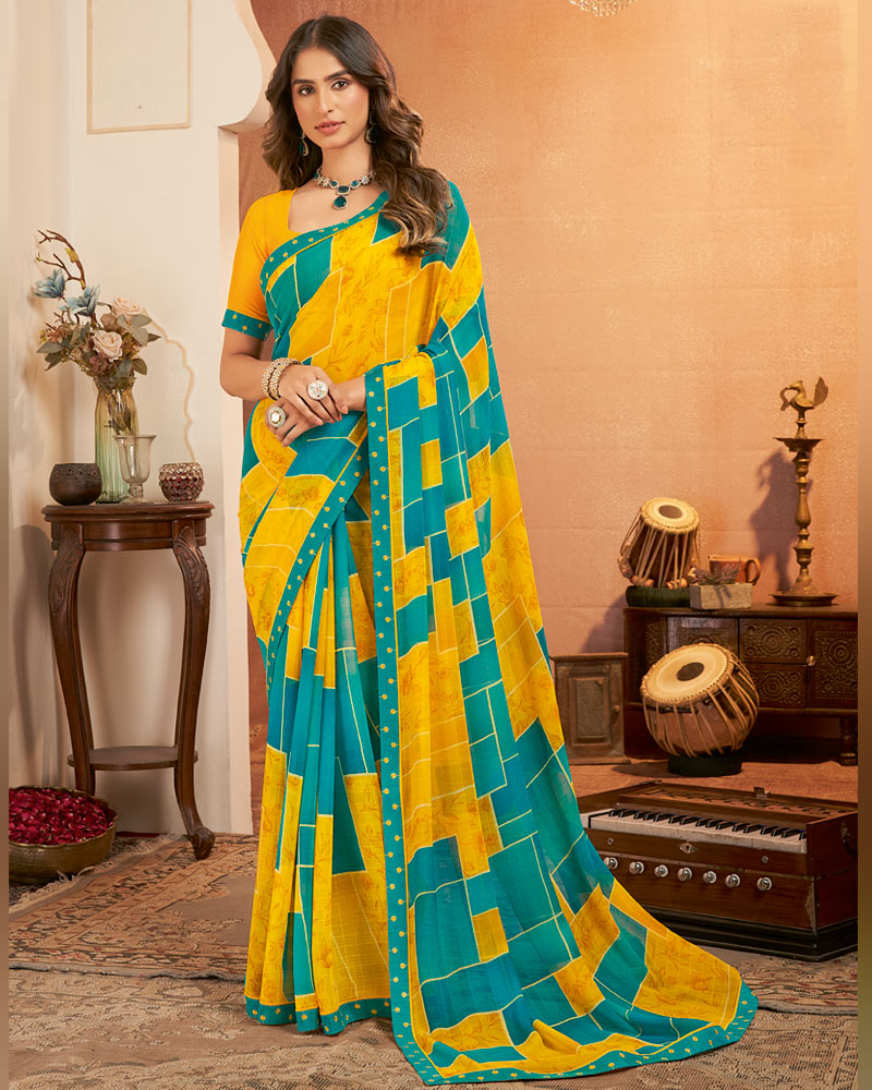 Vishal Prints Golden Yellow Printed Georgette Saree With Fancy Border