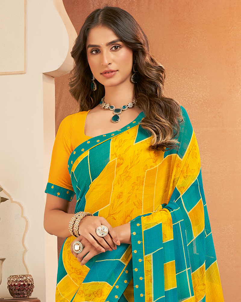 Vishal Prints Golden Yellow Printed Georgette Saree With Fancy Border