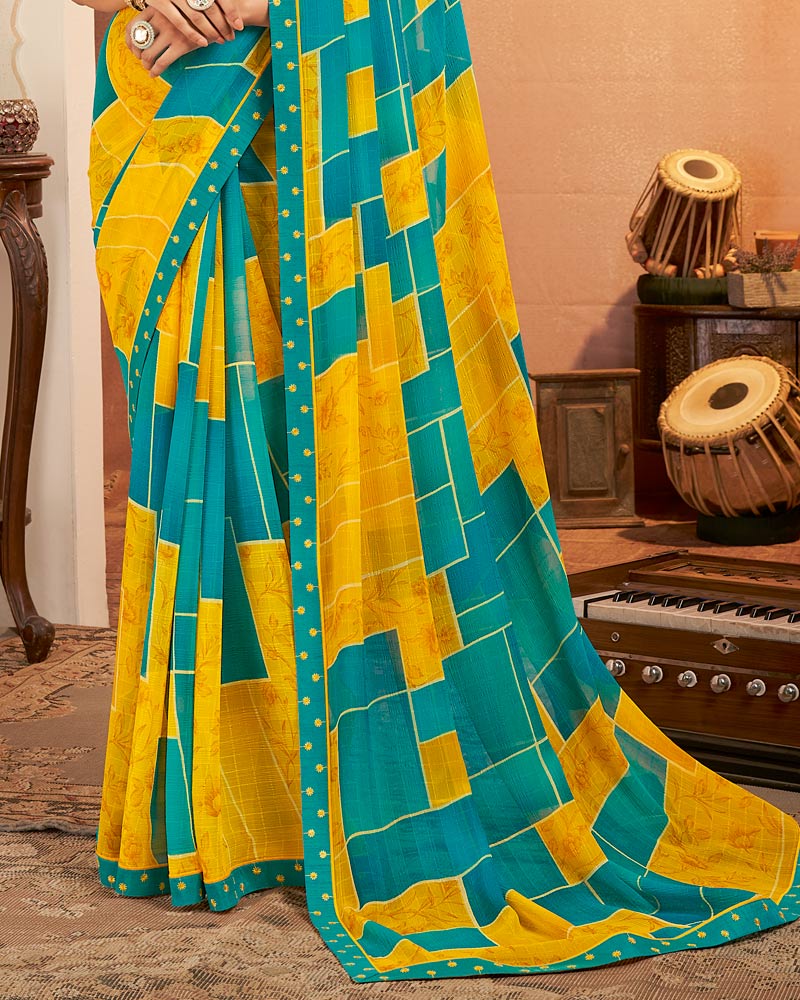 Vishal Prints Golden Yellow Printed Georgette Saree With Fancy Border