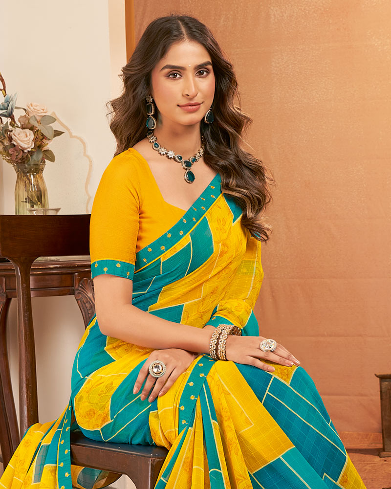 Vishal Prints Golden Yellow Printed Georgette Saree With Fancy Border