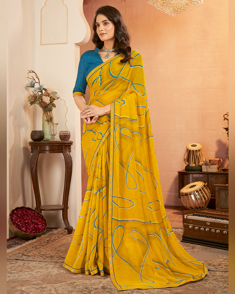 Vishal Prints Dark Mustard Yellow Printed Georgette Saree With Fancy Border