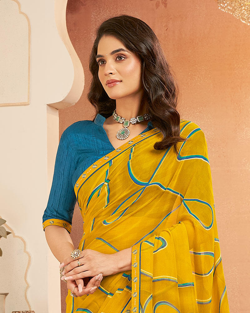 Vishal Prints Dark Mustard Yellow Printed Georgette Saree With Fancy Border