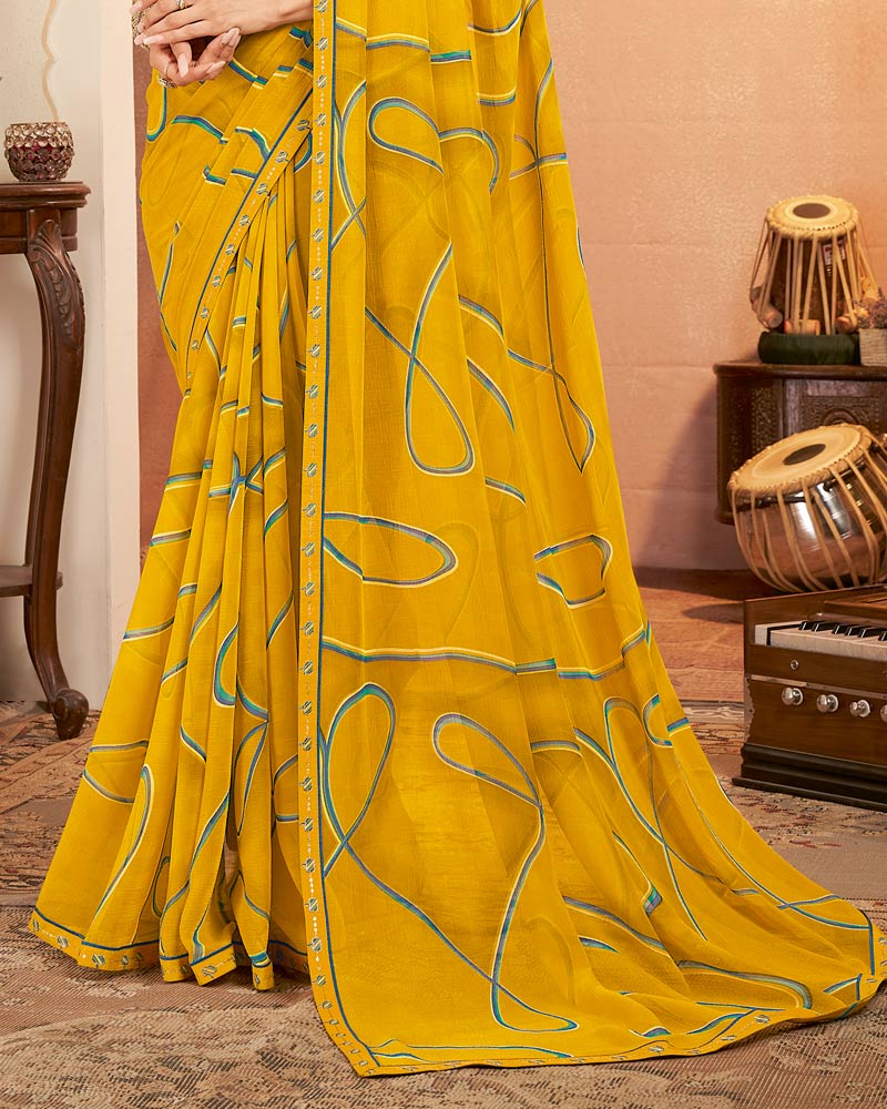 Vishal Prints Dark Mustard Yellow Printed Georgette Saree With Fancy Border