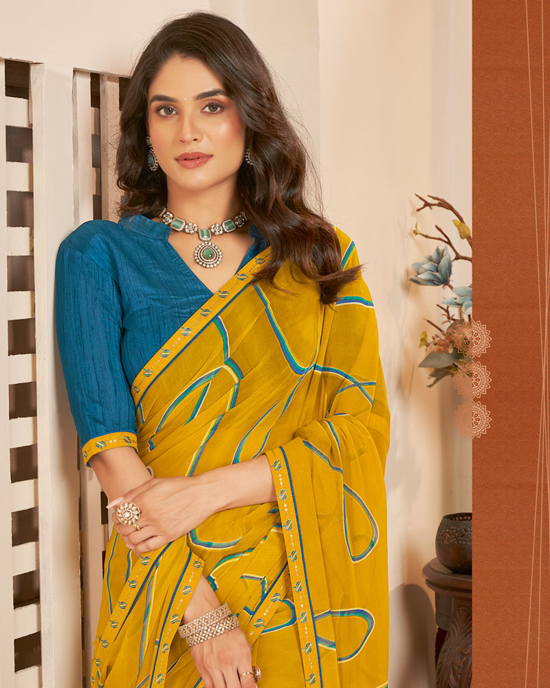 Vishal Prints Dark Mustard Yellow Printed Georgette Saree With Fancy Border