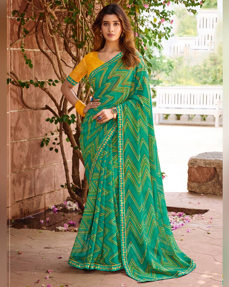 Vishal Prints Tropical Green Printed Chiffon Saree With Fancy Embroidery Border