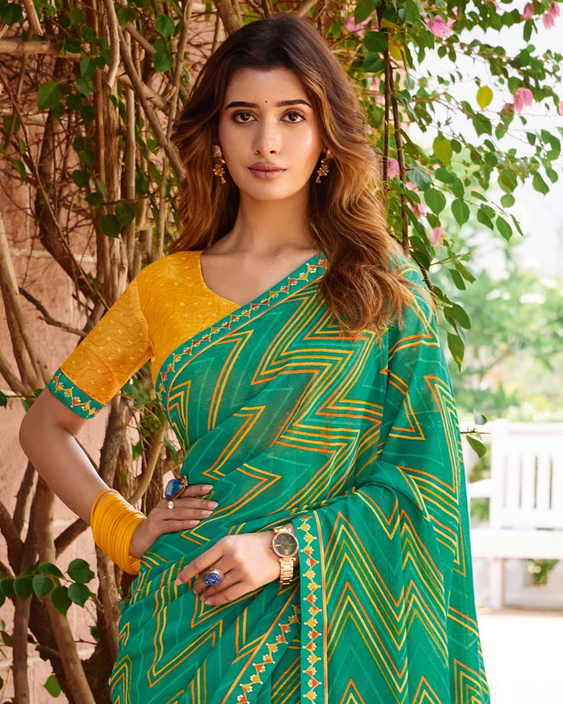 Vishal Prints Tropical Green Printed Chiffon Saree With Fancy Embroidery Border