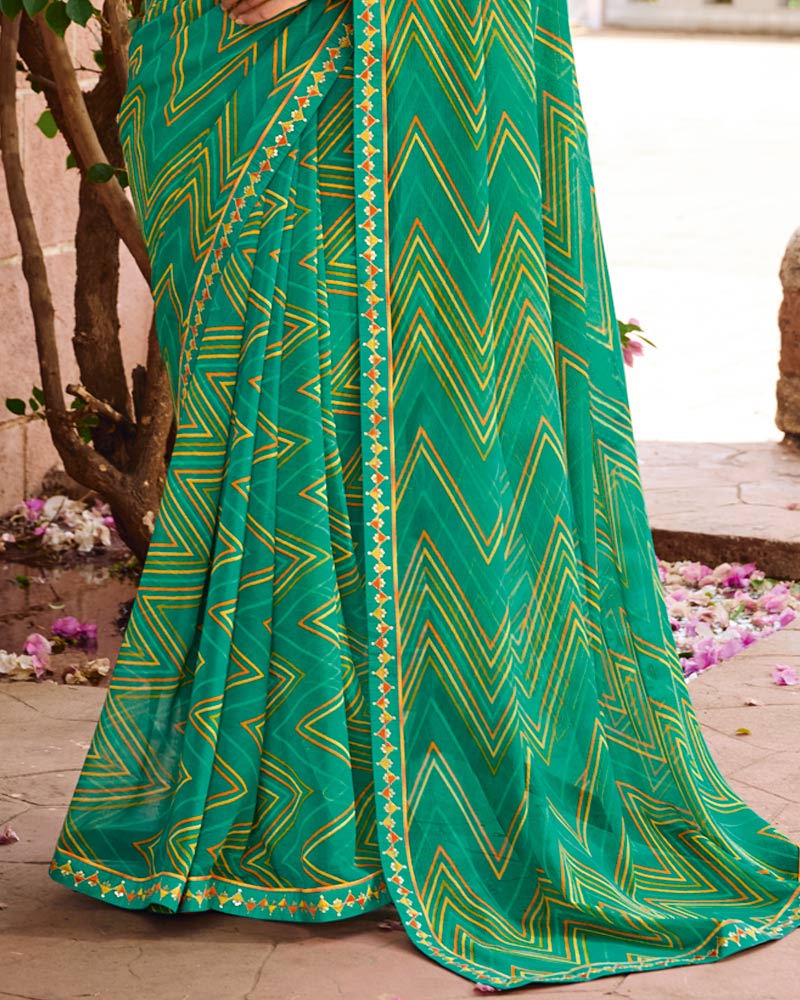 Vishal Prints Tropical Green Printed Chiffon Saree With Fancy Embroidery Border