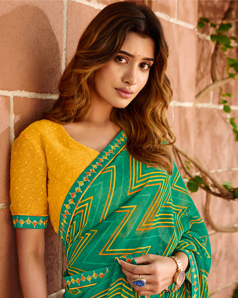 Vishal Prints Tropical Green Printed Chiffon Saree With Fancy Embroidery Border