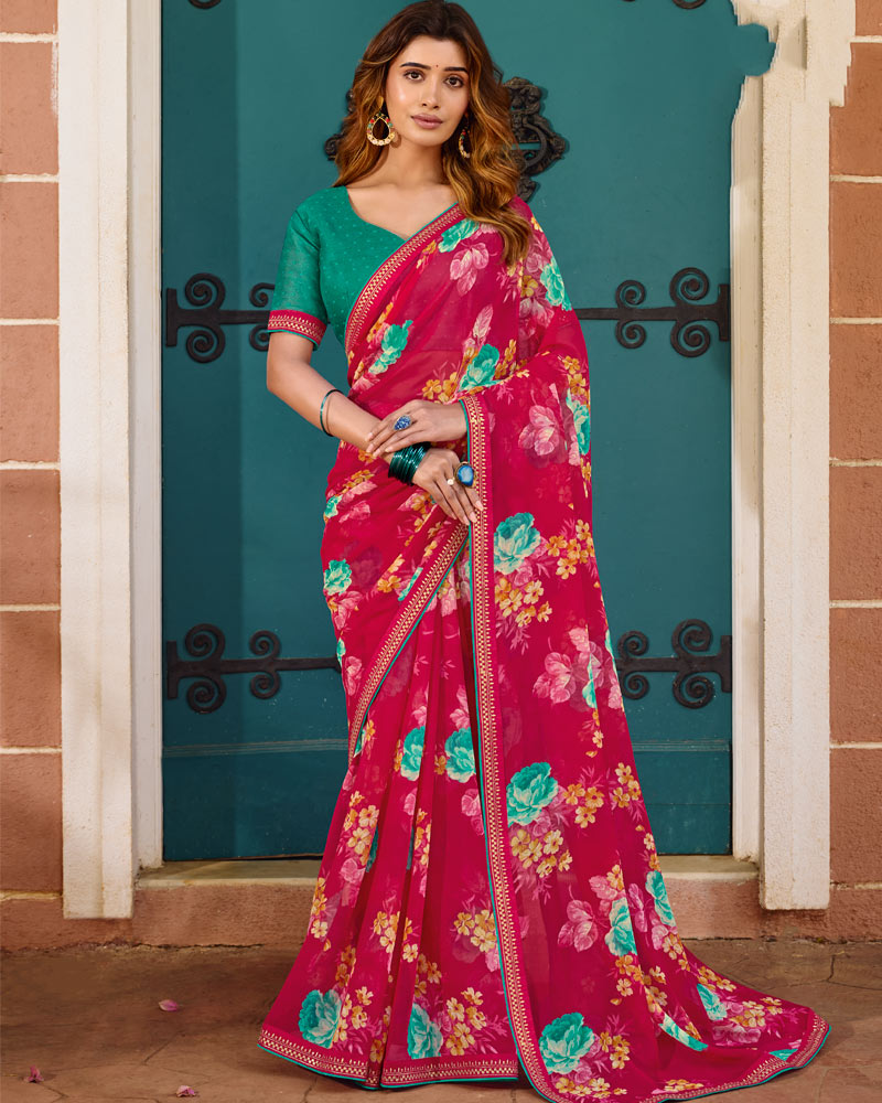 Vishal Prints Bright Maroon Printed Chiffon Saree With Fancy Embroidery Border