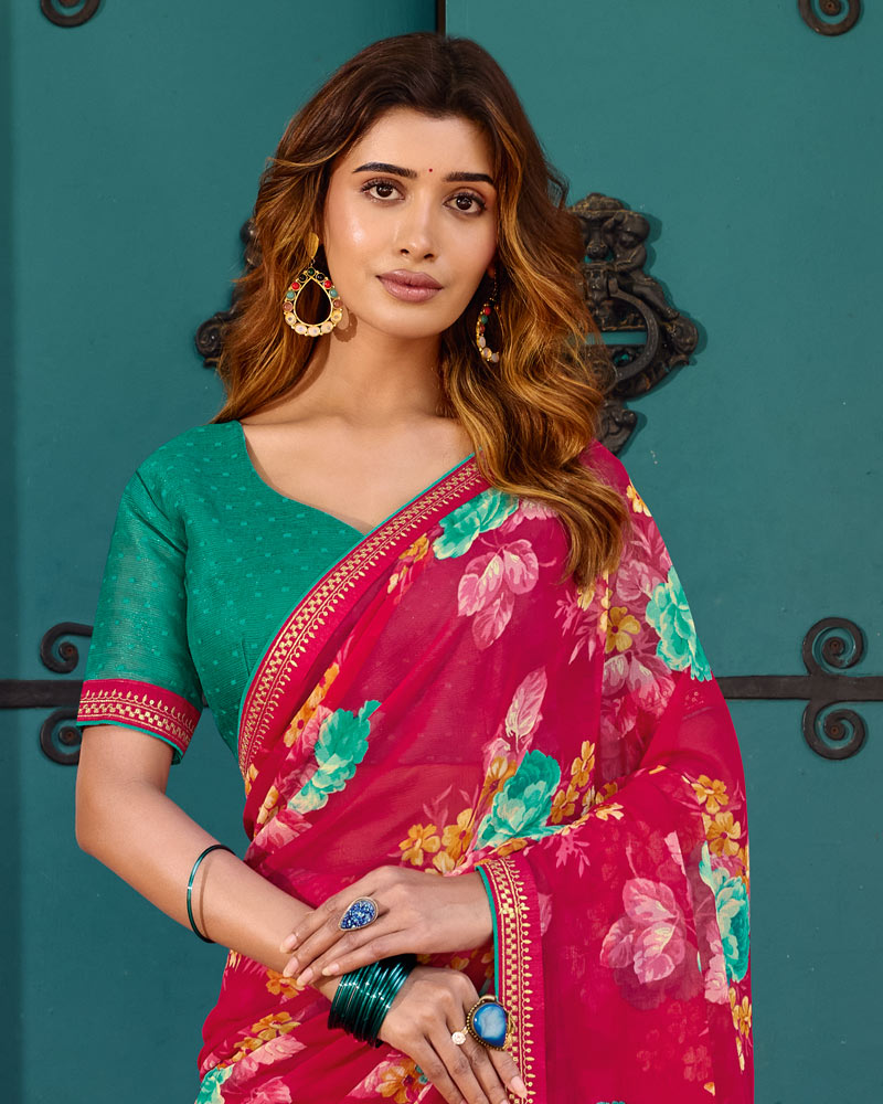 Vishal Prints Bright Maroon Printed Chiffon Saree With Fancy Embroidery Border