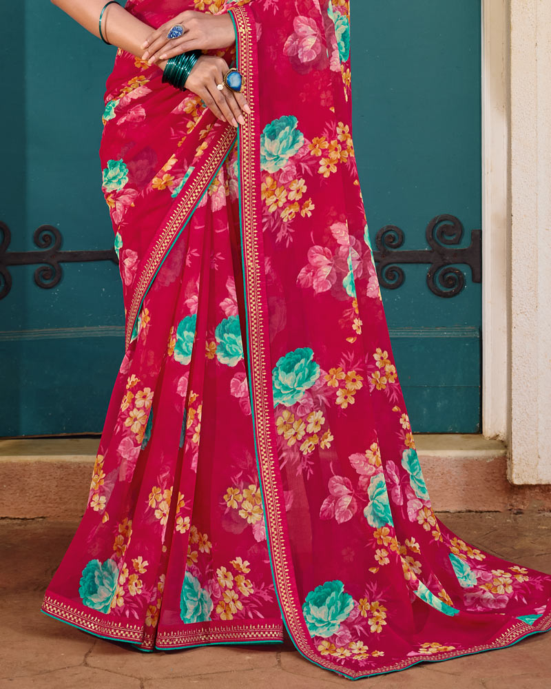 Vishal Prints Bright Maroon Printed Chiffon Saree With Fancy Embroidery Border