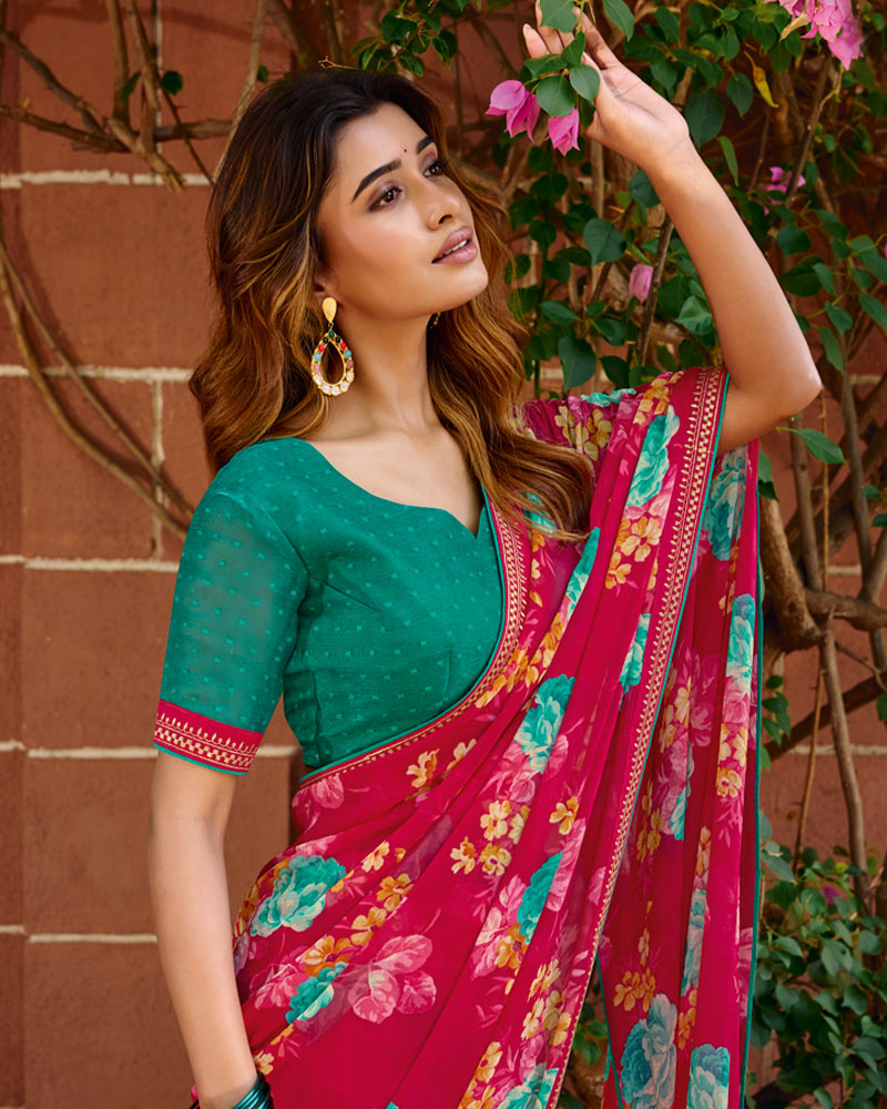 Vishal Prints Bright Maroon Printed Chiffon Saree With Fancy Embroidery Border