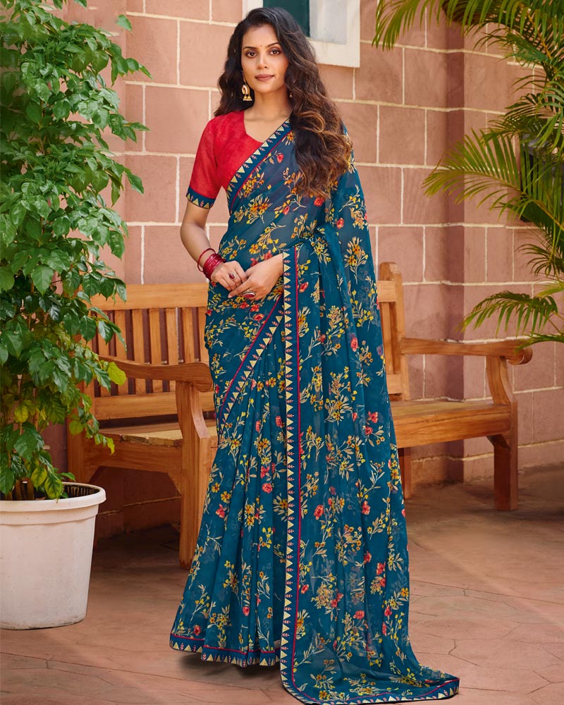 Vishal Prints Ink Blue Printed Chiffon Saree With Fancy Embroidery Border