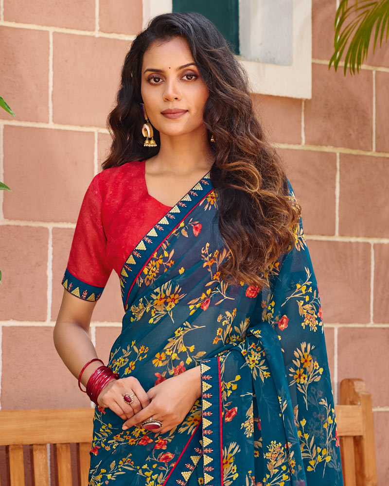Vishal Prints Ink Blue Printed Chiffon Saree With Fancy Embroidery Border