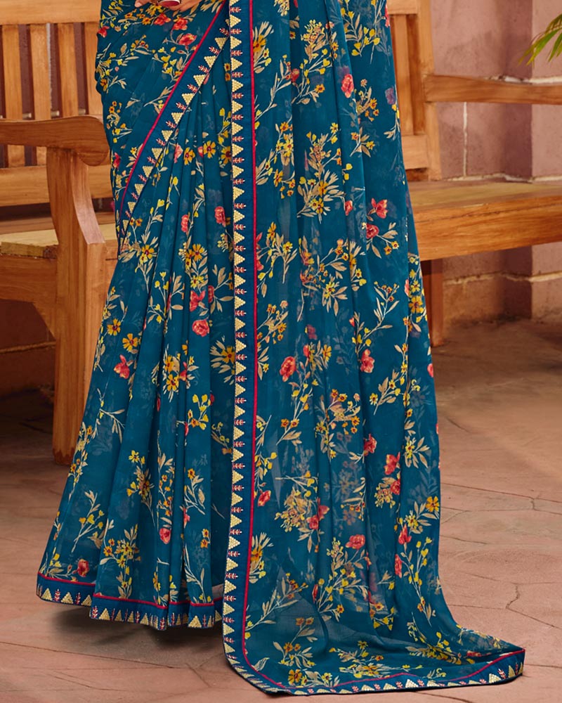 Vishal Prints Ink Blue Printed Chiffon Saree With Fancy Embroidery Border