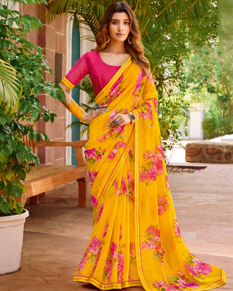 Vishal Prints Yellow Orange Printed Chiffon Saree With Fancy Embroidery Border