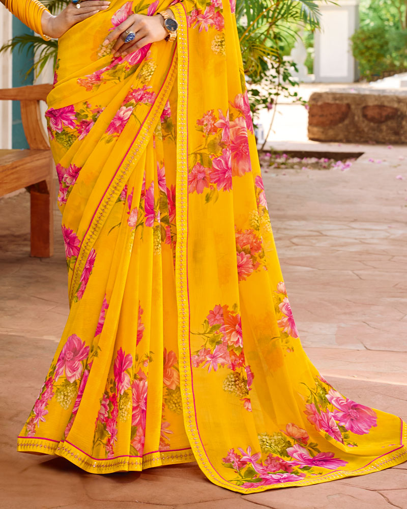 Vishal Prints Yellow Orange Printed Chiffon Saree With Fancy Embroidery Border