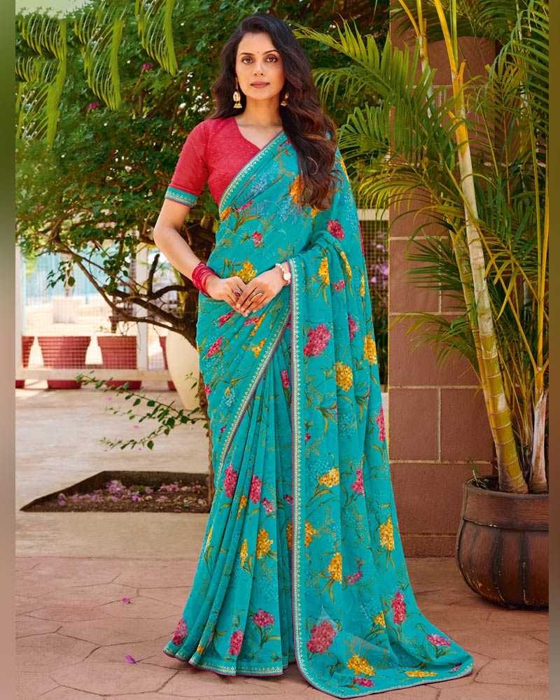 Vishal Prints Pacific Blue Printed Chiffon Saree With Fancy Embroidery Border