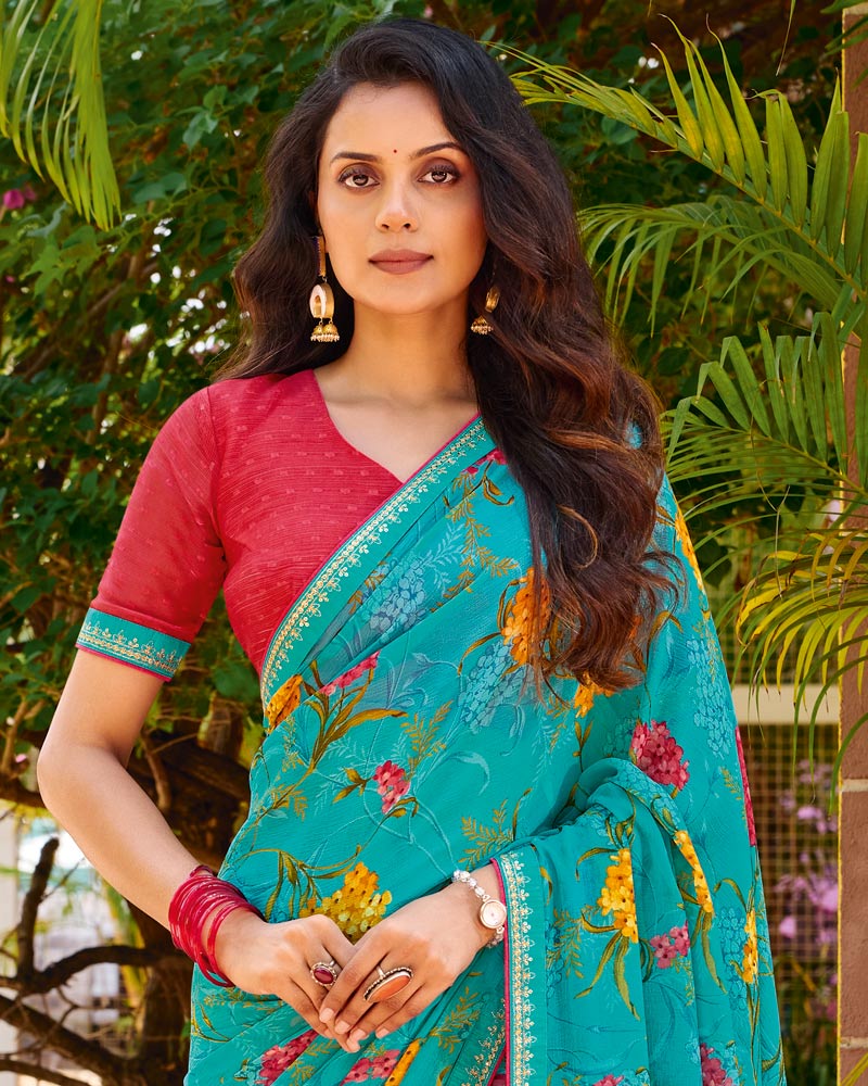 Vishal Prints Pacific Blue Printed Chiffon Saree With Fancy Embroidery Border