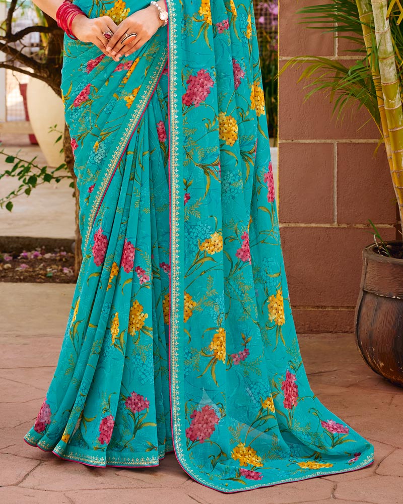 Vishal Prints Pacific Blue Printed Chiffon Saree With Fancy Embroidery Border