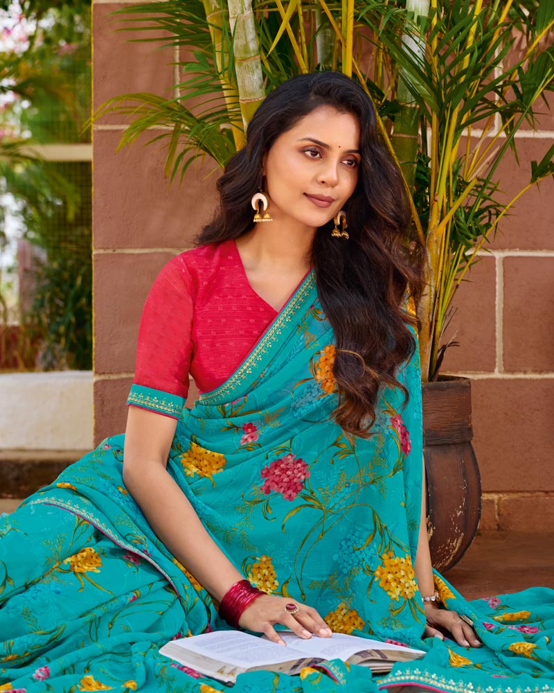 Vishal Prints Pacific Blue Printed Chiffon Saree With Fancy Embroidery Border