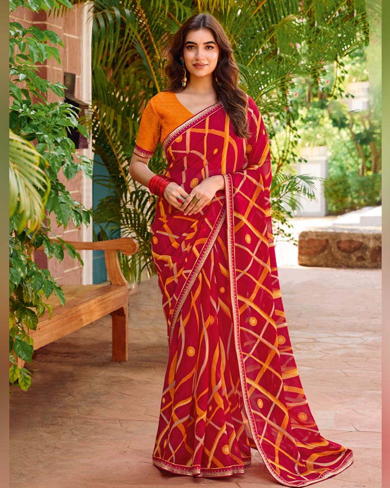 Vishal Prints Purplish Red Printed Chiffon Saree With Fancy Embroidery Border