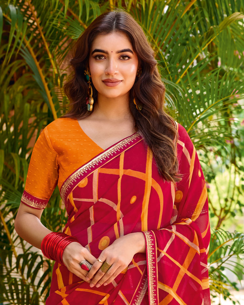 Vishal Prints Purplish Red Printed Chiffon Saree With Fancy Embroidery Border