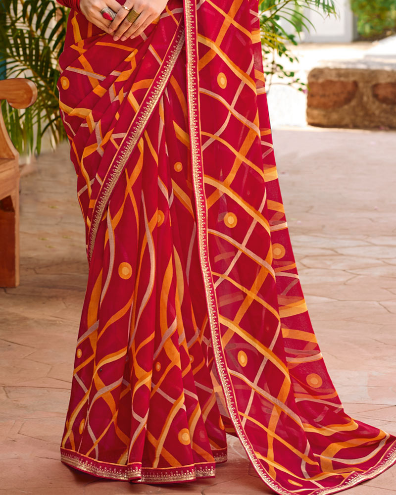 Vishal Prints Purplish Red Printed Chiffon Saree With Fancy Embroidery Border